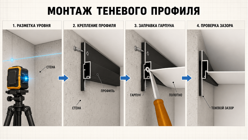 Теневой профиль для натяжного потолка: виды, устройство и монтаж